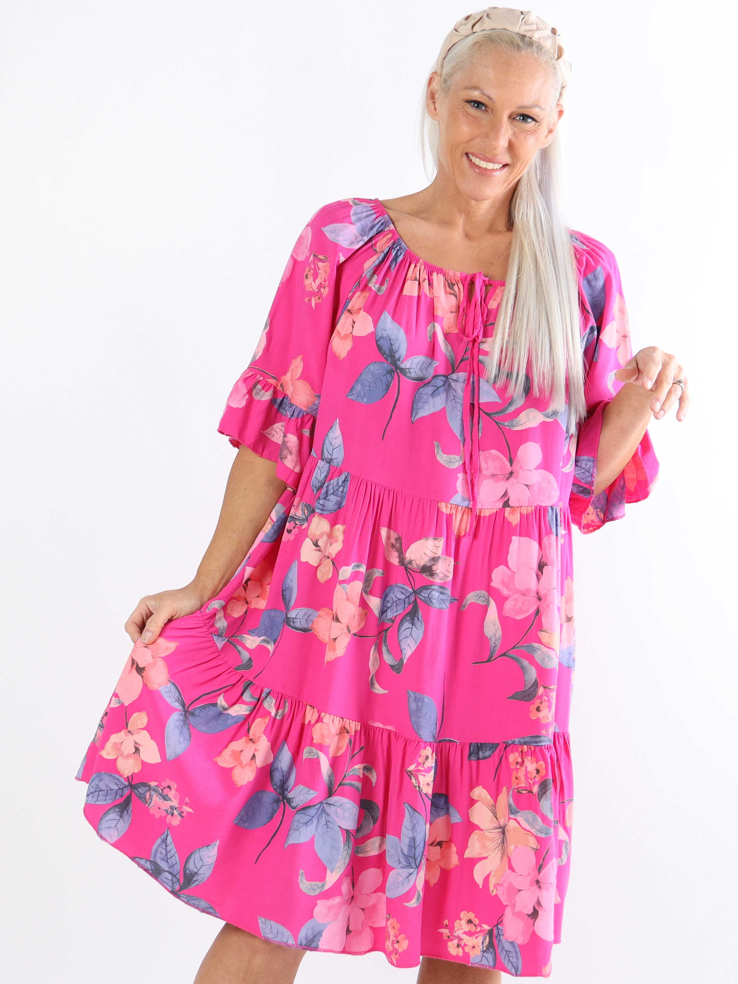 Malibu - Plus size-klänning i bomull med elastisk halsringning